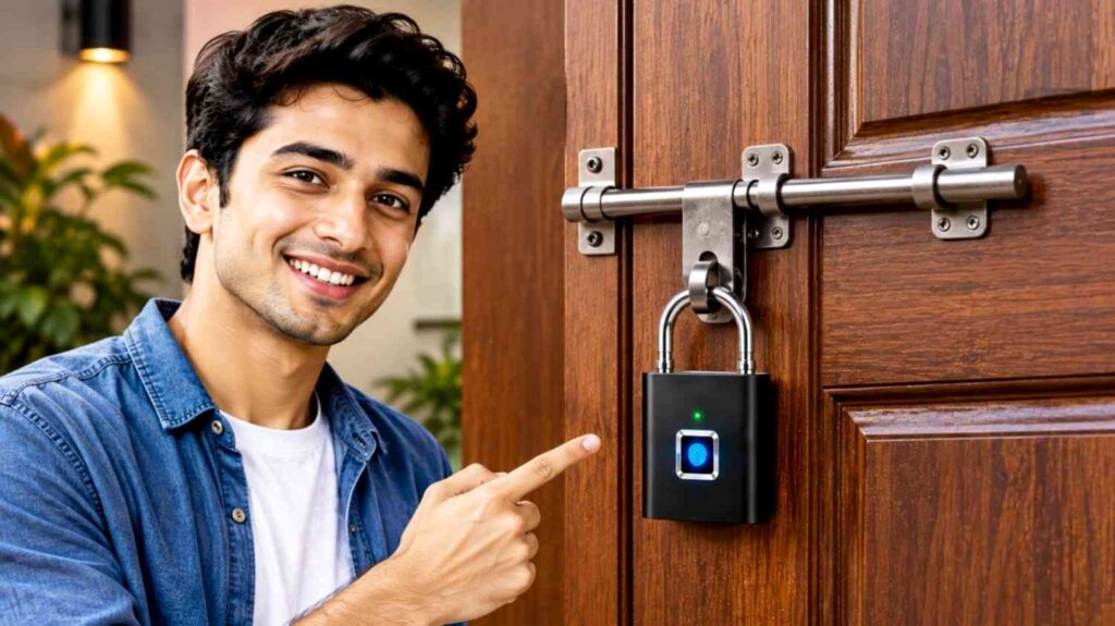 young man showing digital fingerprint smart lock mounted on wooden door