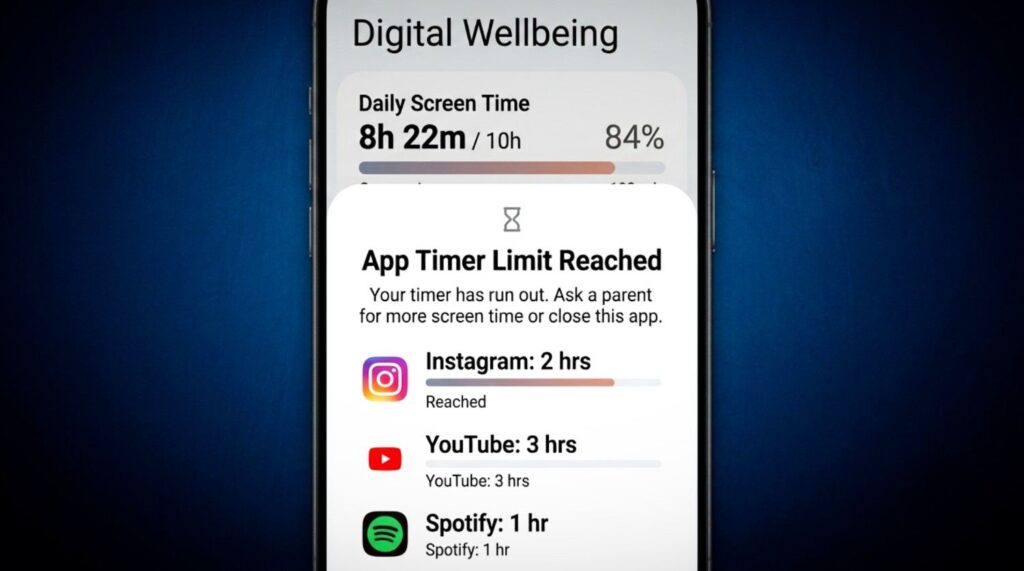 Smartphone screen displaying digital wellbeing app timer limit reached notification to control smartphone addiction