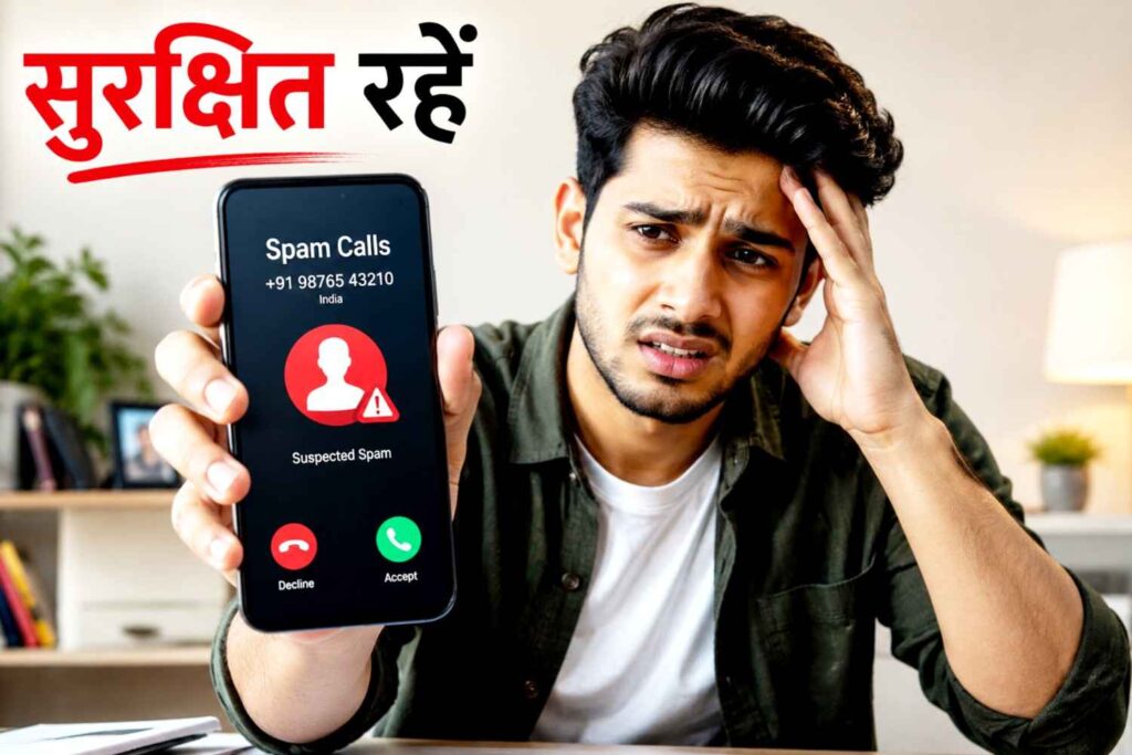 Worried young man showing suspected spam call on smartphone screen and warning about cyber fraud