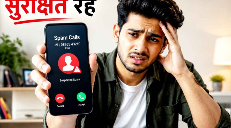 Worried young man showing suspected spam call on smartphone screen and warning about cyber fraud