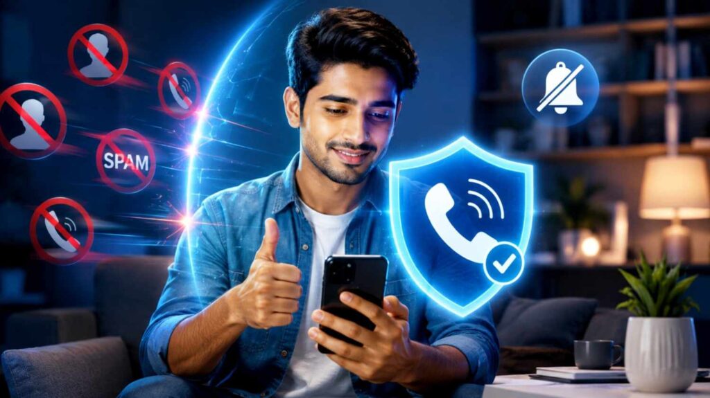 Happy man using smartphone with glowing security shield icon showing active DND 2 0 spam call protection