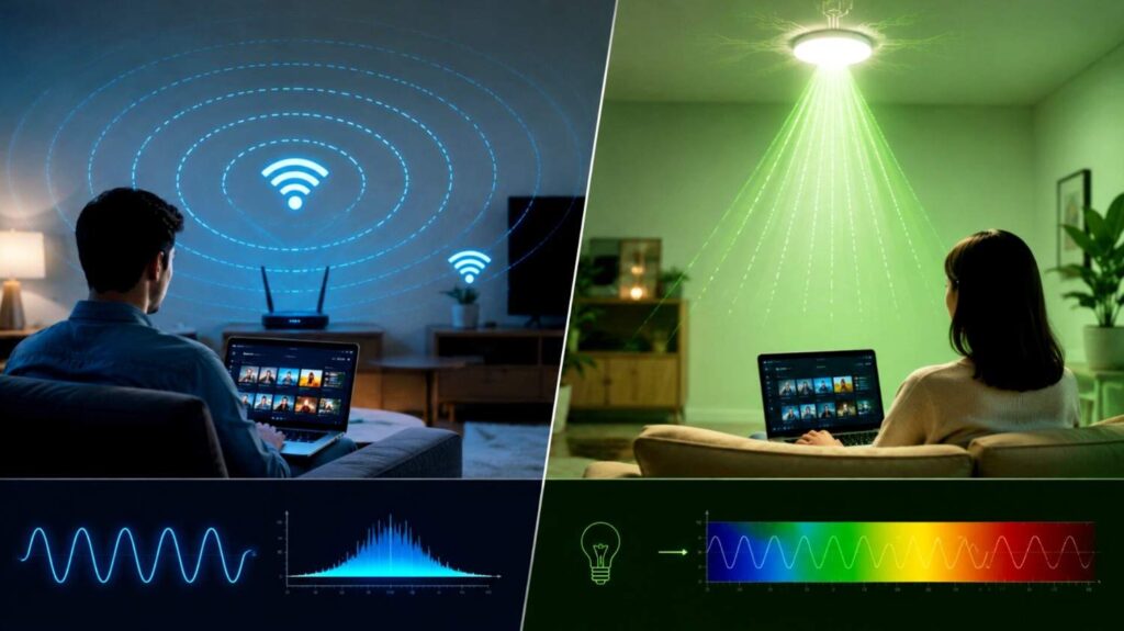 li-fi technology vs wi-fi network radio waves and light beam data transmission comparison