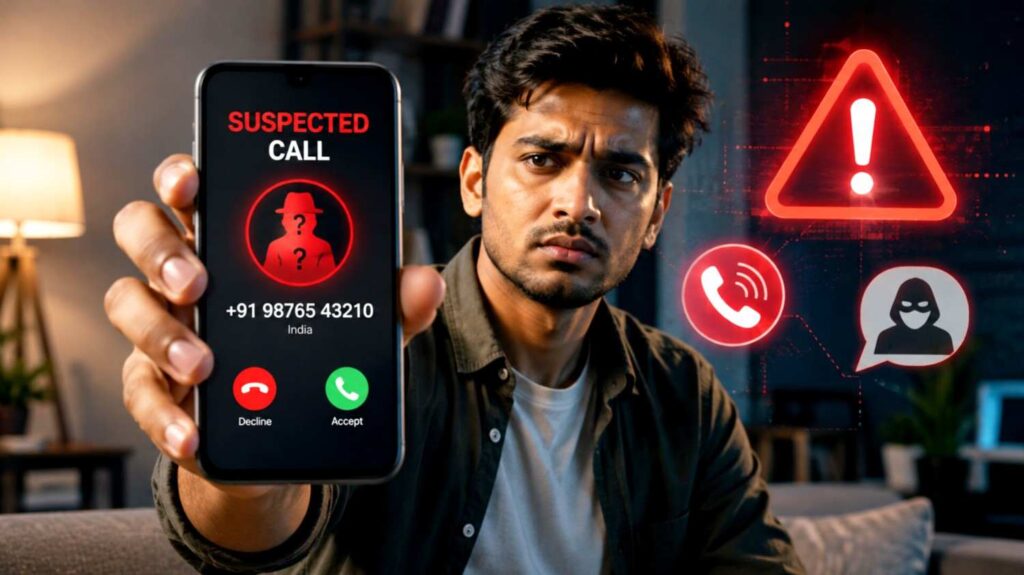 Man holding smartphone showing suspected fraud call alert warning on screen