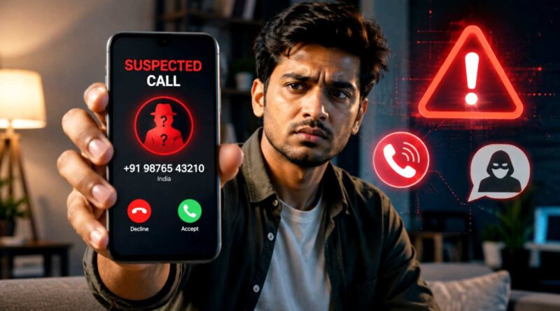 Man holding smartphone showing suspected fraud call alert warning on screen