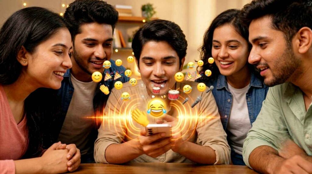 Group of Indian friends laughing and enjoying audio emoji sound reactions on speaker phone call