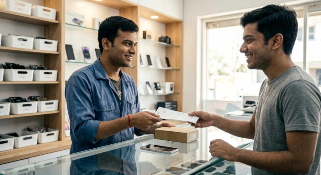shopkeeper handing over invoice bill and sealed replacement parts box to customer in mobile shop