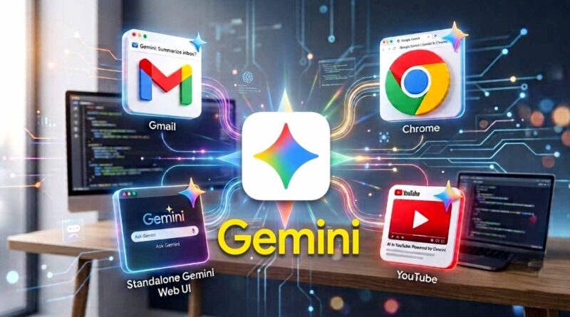 Google Gemini AI ecosystem connected with Gmail Chrome and YouTube
