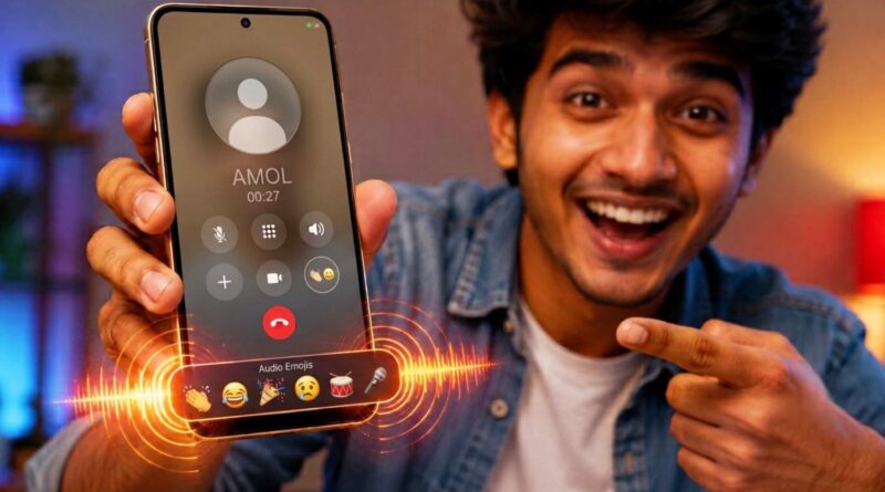 A cheerful young man showing Google Phone Dialer app with live Audio Emoji feature on call screen