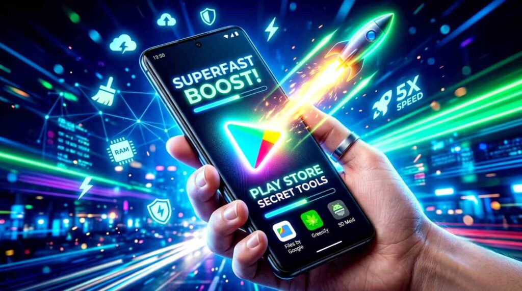 hand holding smartphone with superfast boost screen and play store secret tools floating graphics