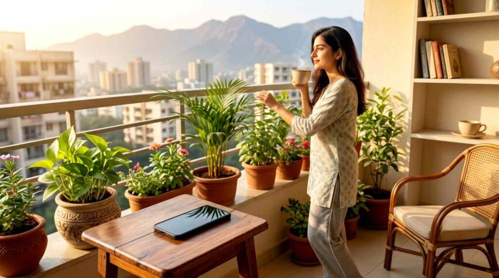 Woman enjoying tea in balcony with phone kept on table showing freedom from smartphone addiction