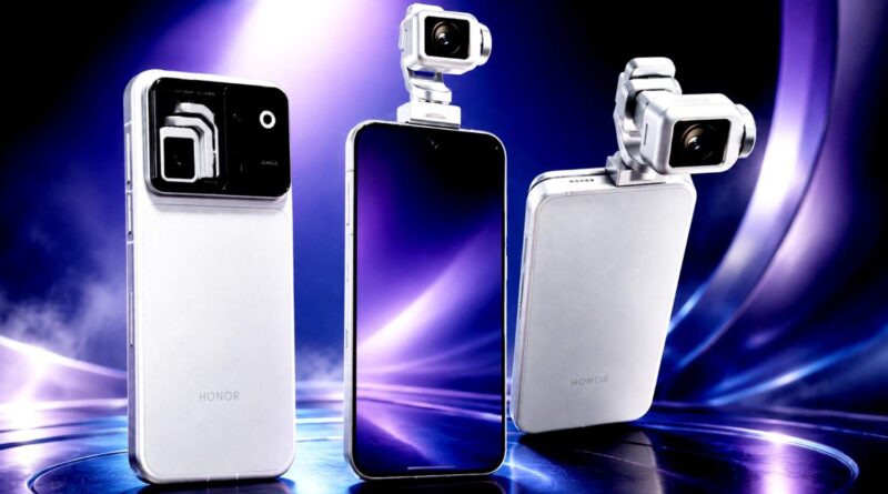 HONOR Robot Phone Global Launch: Potential Specifications of the Innovative Device - Rear View of Three Phone Models with Extended Robotic Gimbal Cameras against a Purple Digital Data Background.