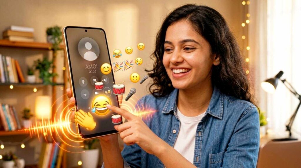 Woman tapping laugh audio emoji on smartphone screen during phone call with sound waves and reaction effects