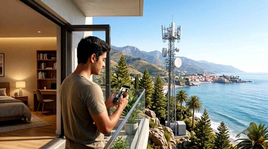Mobile network tower connecting undersea internet cable signals directly to smartphone