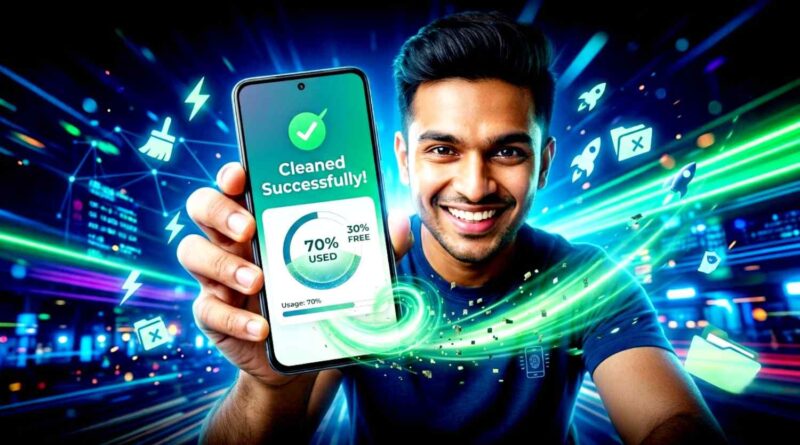 happy young man showing smartphone screen with cleaned successfully message and free storage percentage