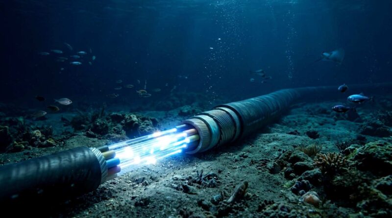 Undersea submarine fiber optic cable transferring internet data through ocean floor