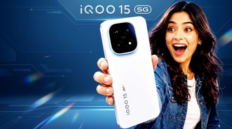 a woman holding a white iQOO 15 smartphone in a blue tech environment