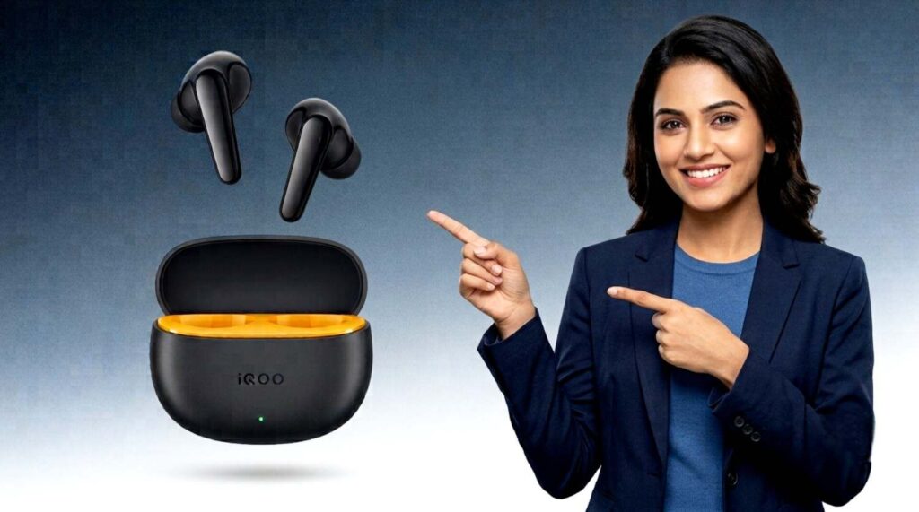 woman pointing at iQOO Buds wireless earbuds and open charging case for gaming and calling features overview