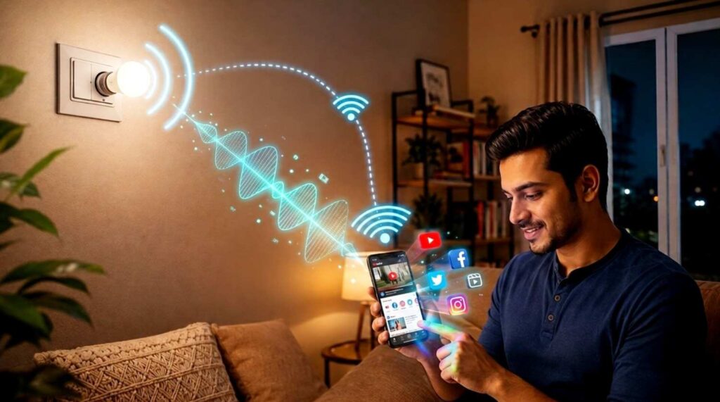 li-fi technology smart bulb light transmitting wireless internet data to smartphone