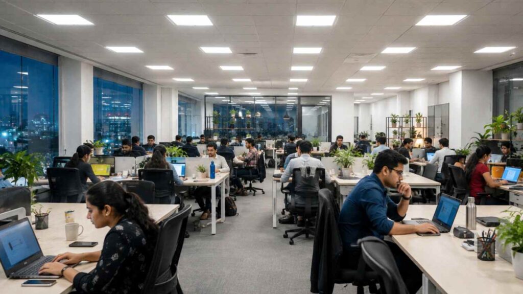 li-fi technology high speed wireless internet system in modern corporate office workspace