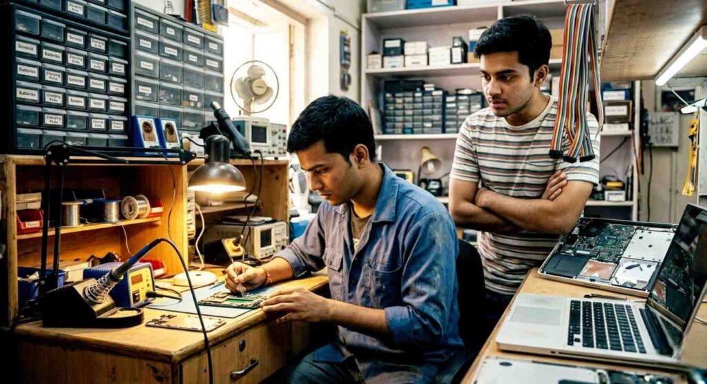 customer watching technician repair mobile phone and laptop inside local repair workshop