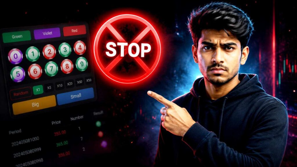 A serious person giving a strong warning with a stop sign against illegal online color trading and betting apps like 91 Club and BDG Win