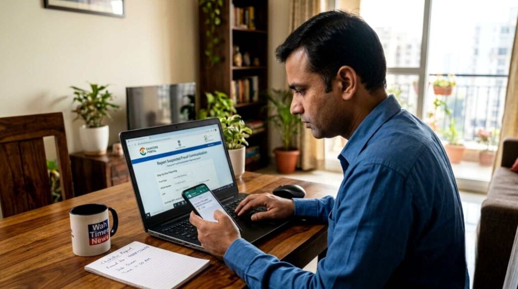 Person checking suspicious fraud message on mobile and reporting on laptop