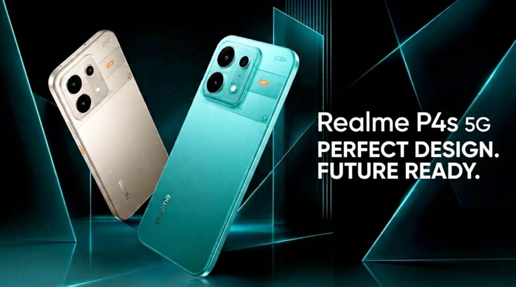 Realme P4s 5G elegant gold and sea green color design with modern rear camera look