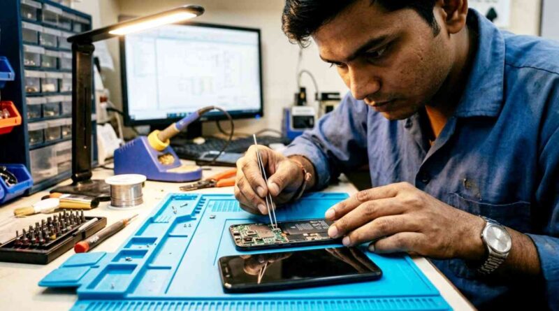 technician repairing smartphone motherboard with precision tools on blue silicone mat right to repair india