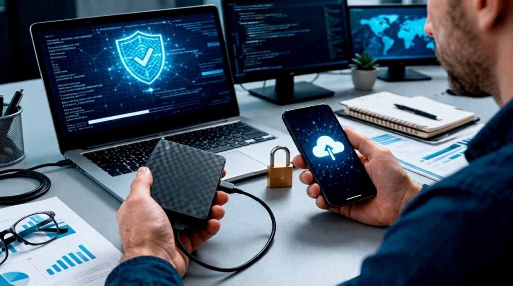 person holding external hard drive and smartphone syncing data to secure personal cloud server