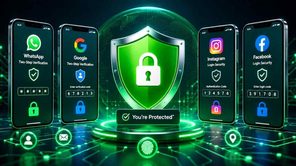 Holding smartphone displaying secure two step verification icon and safe app environment with high data privacy standards
