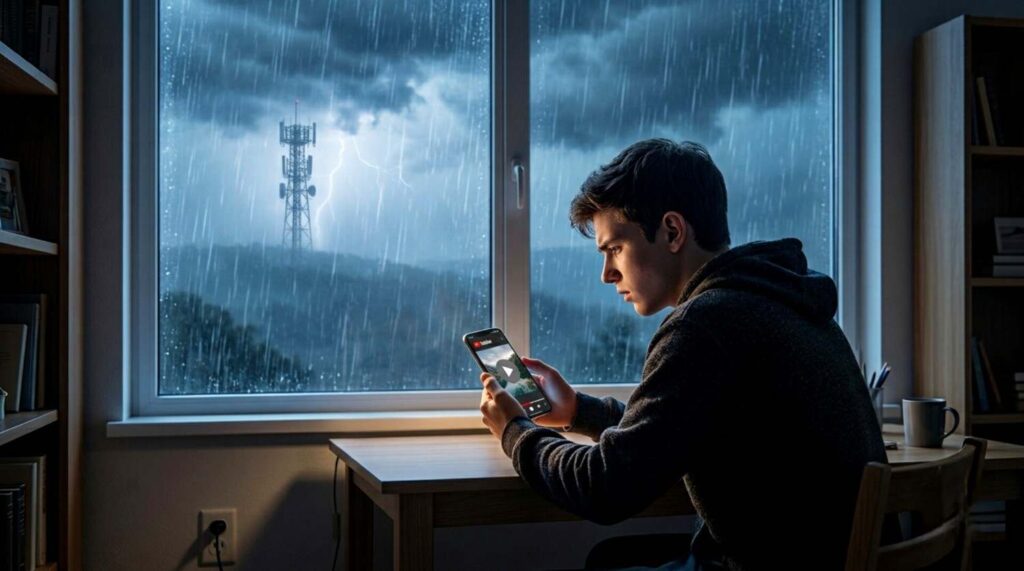 Boy facing slow mobile internet connection and buffering issue during heavy rain
