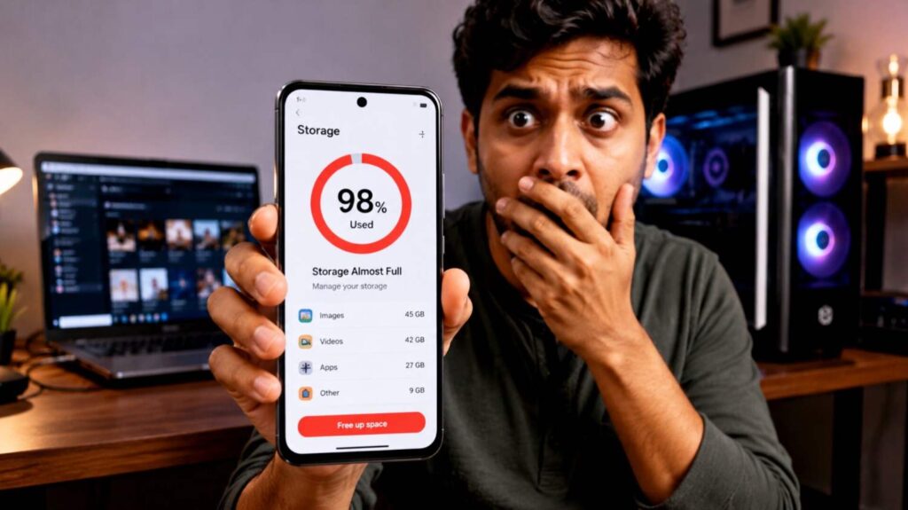 smartphone screen showing storage full error notification with person looking surprised