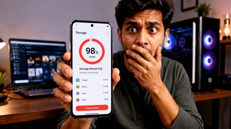 smartphone screen showing storage full error notification with person looking surprised