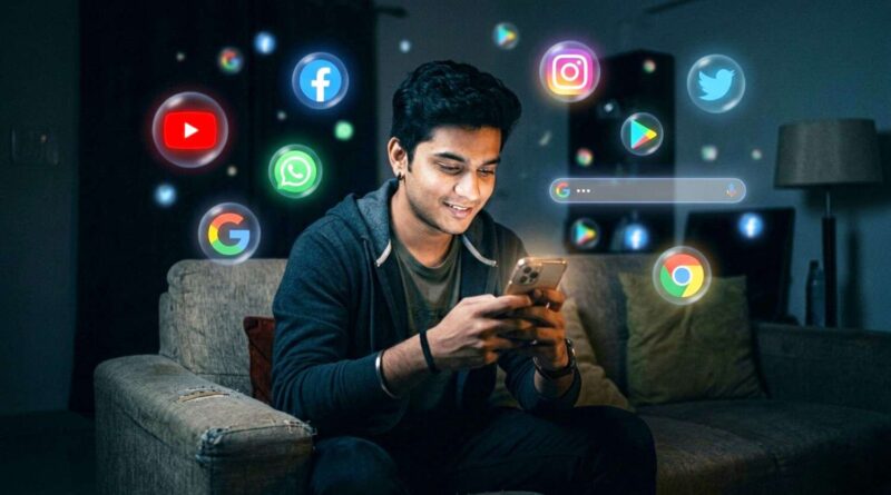 Person using smartphone in dimly lit room generating active digital footprint through social media use