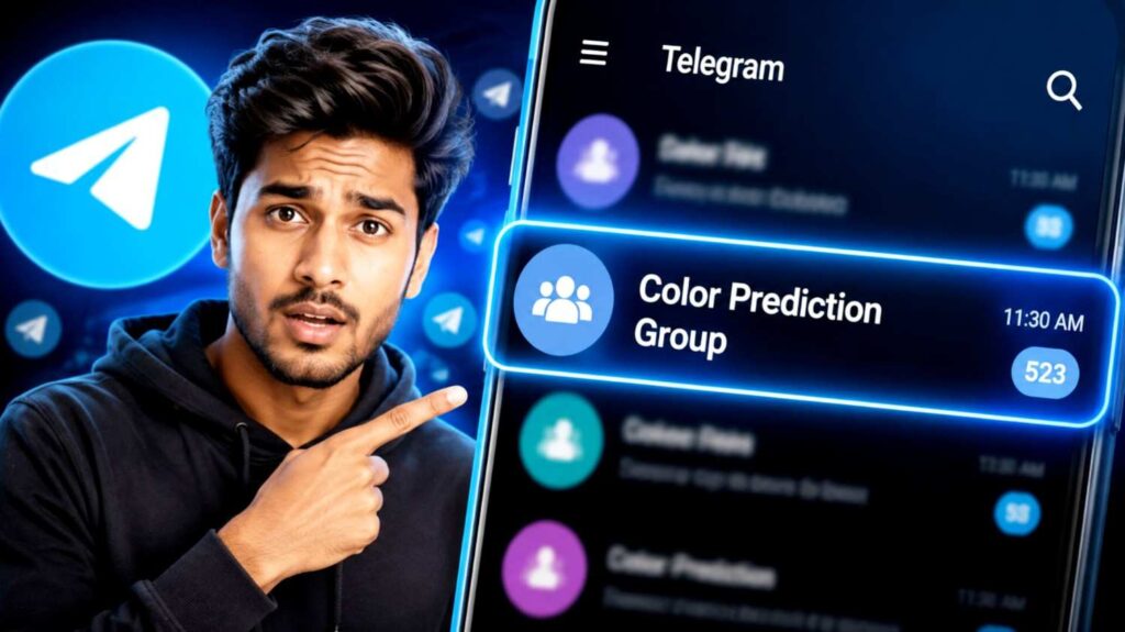 A shocked person pointing at a smartphone displaying fake Telegram VIP color prediction channels and 3X investment betting plans