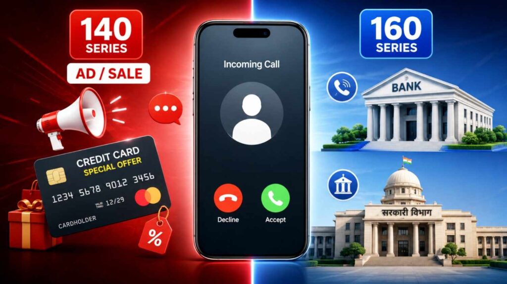 Smartphone screen comparison showing TRAI new rules difference between 140 promotional series and 160 banking series calls