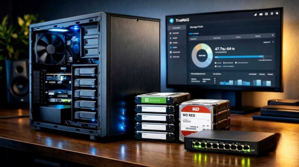 desktop pc converted into home nas storage with hard drives and truenas dashboard on monitor