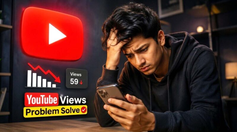 worried young youtube creator sitting at a desk with low views graph on smartphone needing youtube advanced settings