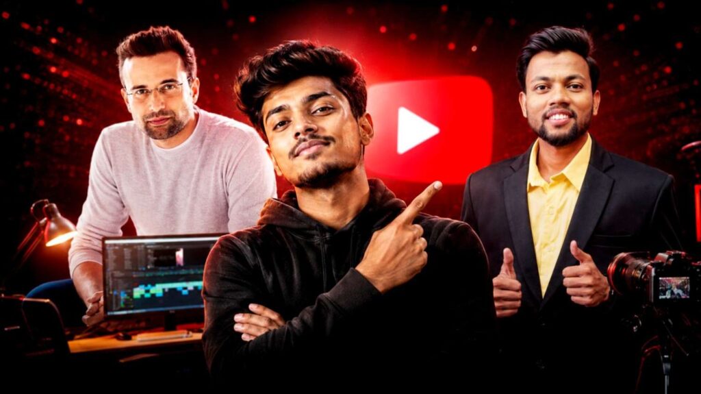 youtube creator guide featuring young creator pointing at successful indian youtubers