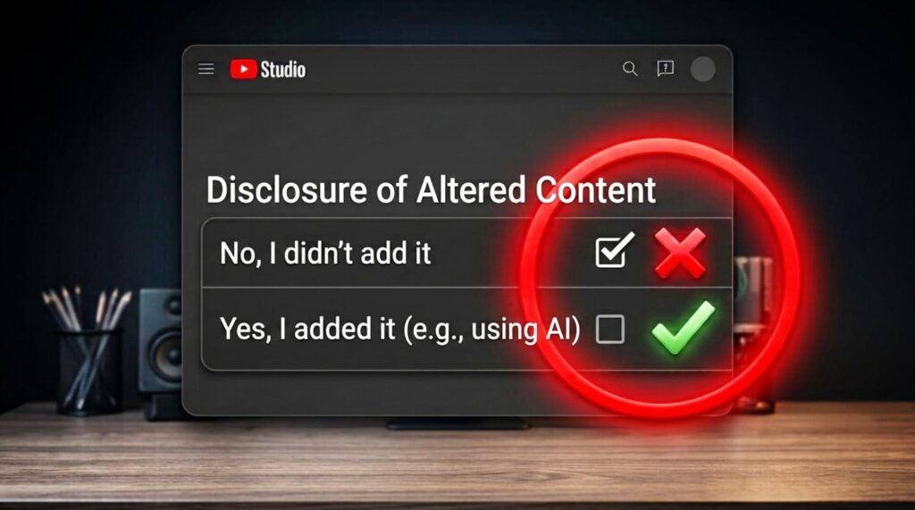 youtube studio disclosure of altered content settings screenshot showing red cross on no and green tick on yes using ai options for advanced settings