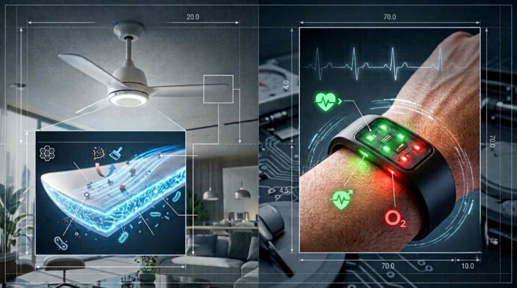 technical blueprint diagram showing microscopic view of fan blade dust repellent nanocoating and optical biosensor underside of a smart driver safety wristband