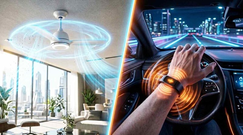 futuristic smart ceiling fan with blue electrostatic shield repelling dust in a living room and a night highway driver wearing a vibrating smart safety band on the steering wheel