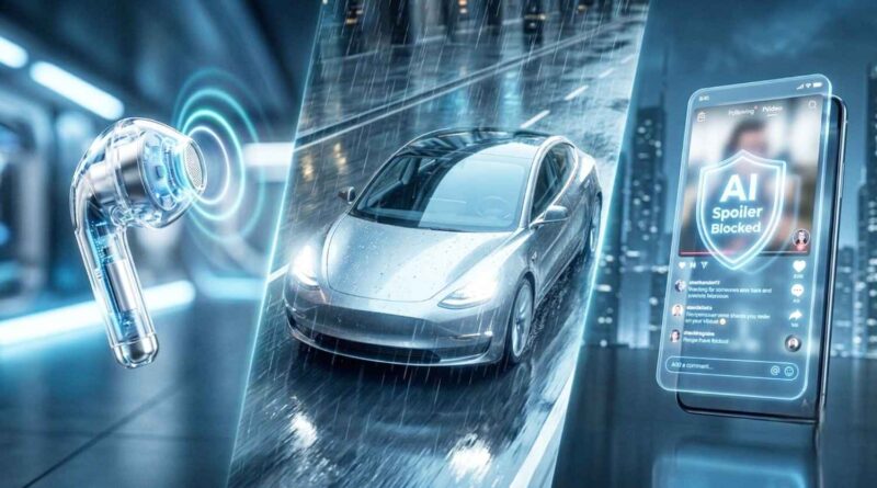 Futuristic technology inventions showing transparent smart earbud auto cleaning windshield car and AI spoiler protector