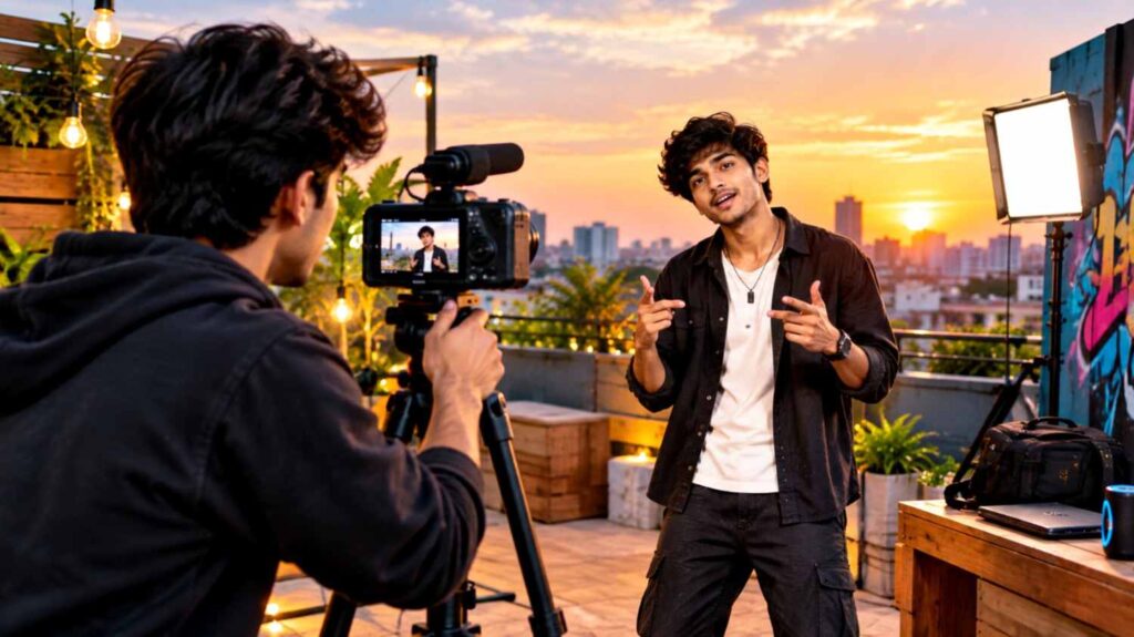 Mobile video creator shooting content for Instagram Reels and YouTube