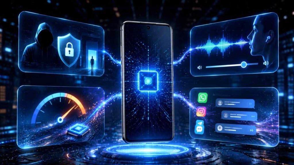 Futuristic smartphone features concept displaying ghost mode security audio separation and instant ram management UI
