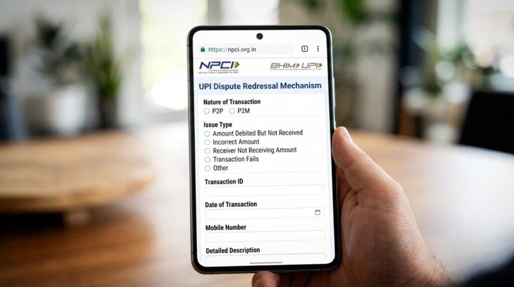 npci portal dispute redressal form on mobile screen to complaint failed upi transaction