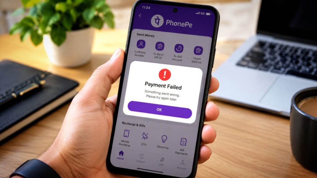 PhonePe payment failed screen on smartphone with money debited issue alert