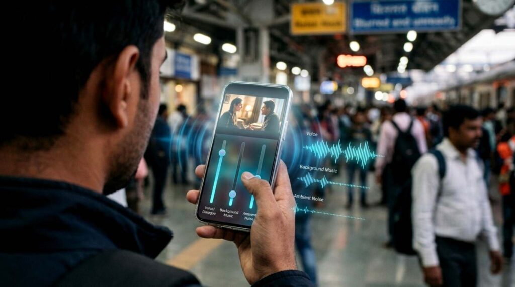 Man adjusting real-time vocal clarity and background noise slider on smartphone while watching video in crowded place