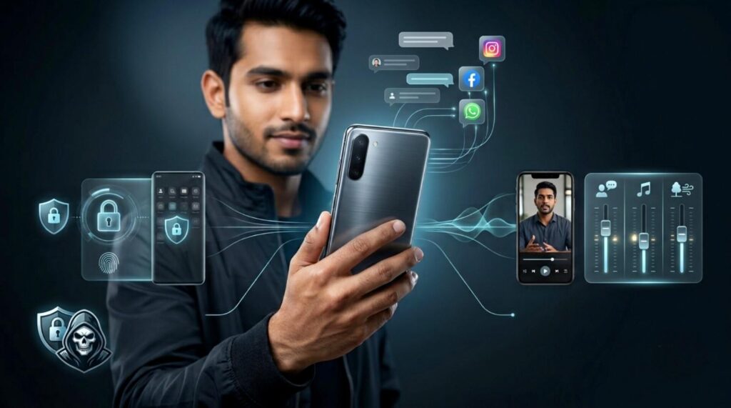 Young man holding modern smartphone exploring upcoming smart OS features like dual security and unified chat buffer